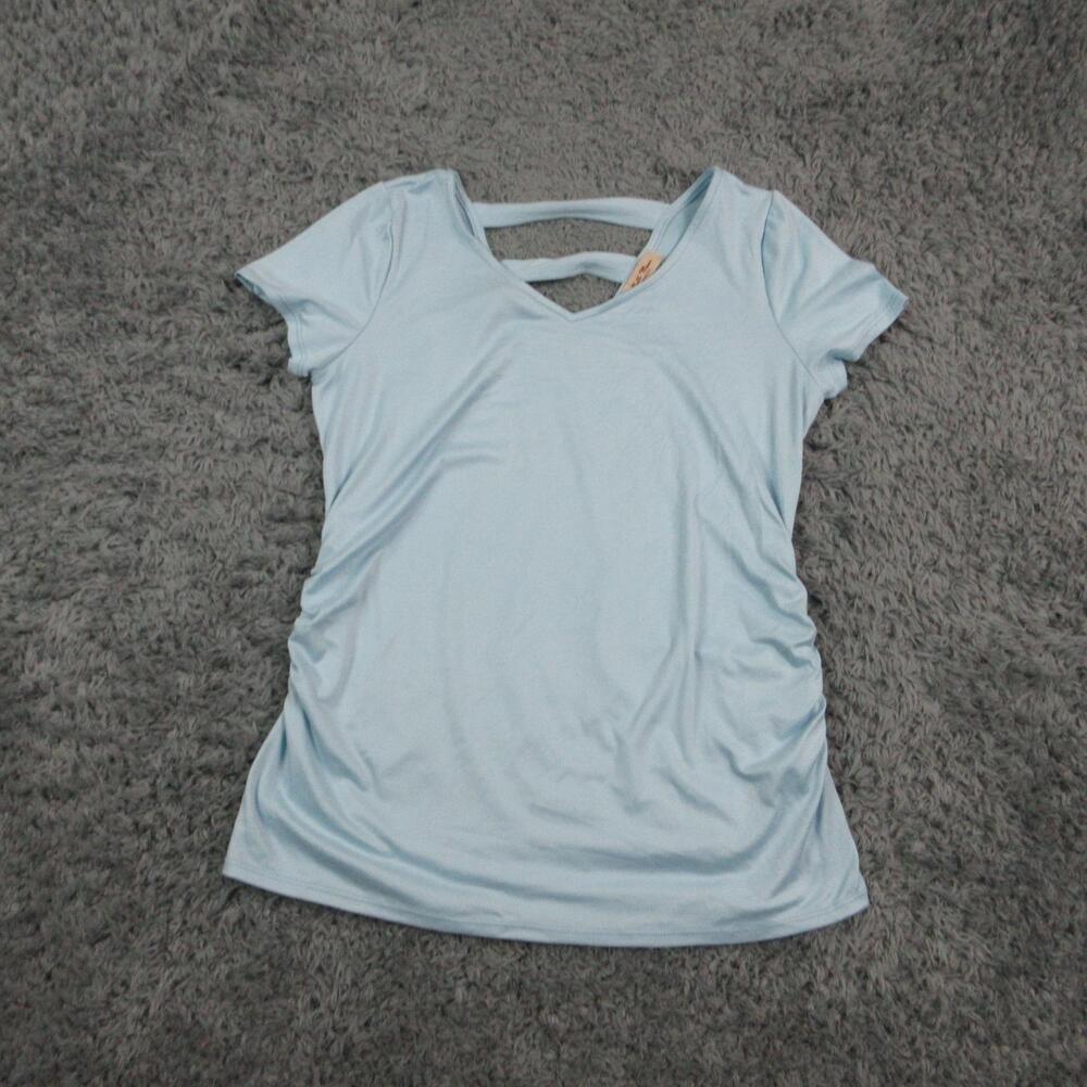 Full Moon Maternity Shirt Womens Large Blue V Neck Short Sleeve Stretch
